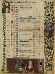 Septiembre; dos figuras con fruta, de las Horas de Carlos de Angulema, c.1480